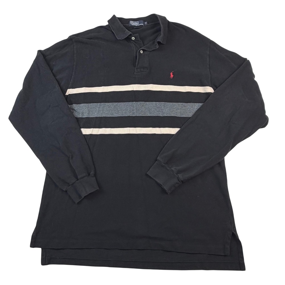Polo Ralph Lauren Mens XL Long Sleeve Striped Polo Shirt Black Red Pony Cotton